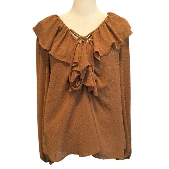 Mustard Seed Clip Dot Ruffle Lace Up Blouse Size Small Cappuccino Color - Picture 1 of 7